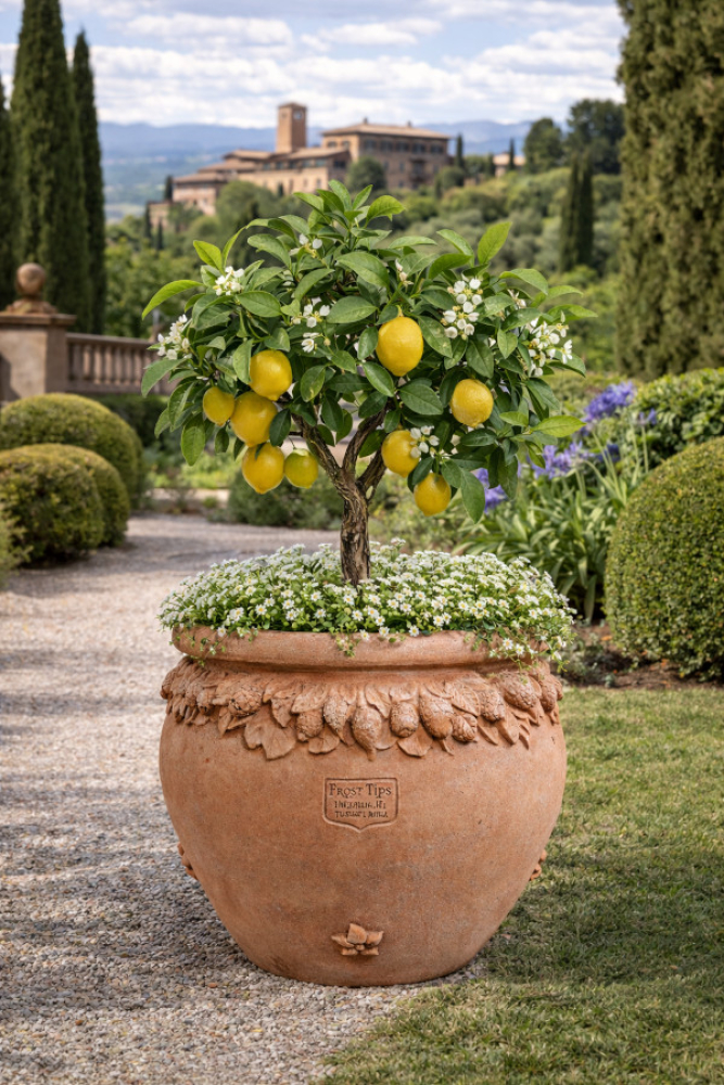 Pot ventru en terracotta originale d’Impruneta avec ornement de citrons